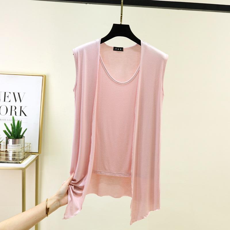 M to 6XL Plu size Women's Faux 2 Piece Tank Top with Cardigan Layered Look Open Front Sleeveless Vest Summer Modal Slim Fit Streetwear Camisole