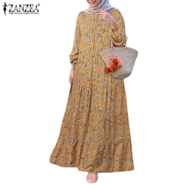 ZANZEA Women Floral Print Loose Casual Round Neck Long Sleeve Dress