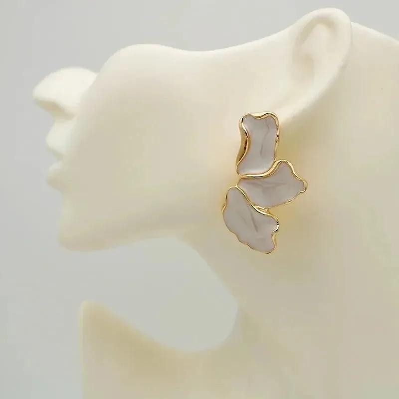 Metal Flower Cream Stud Earrings for Women Gold Plating Irregular Post Earrings Heavy Design Statement Earring