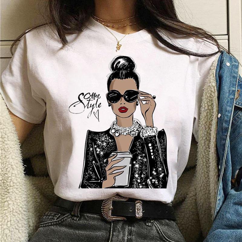 Summer Fashion Coffee Girl Urban Base Shirt Round Neck Pure Cotton Short Sleeved Women's T-Shirts Women’s