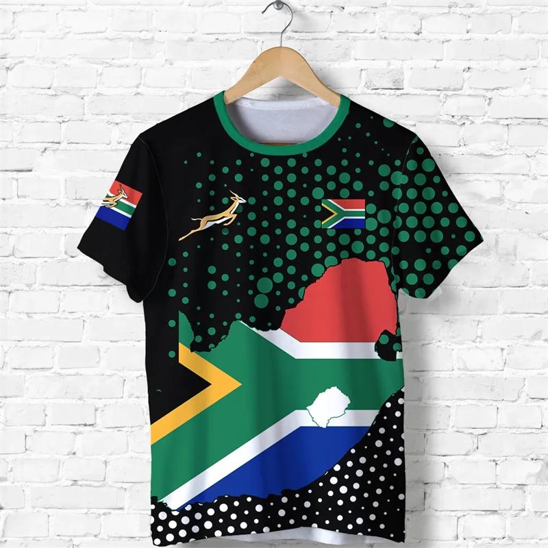 HerSight Zuid-Afrika Kaart Vlag Grafisch Mode Springbok 3D Print T-shirts Mannen Kleding Embleem M