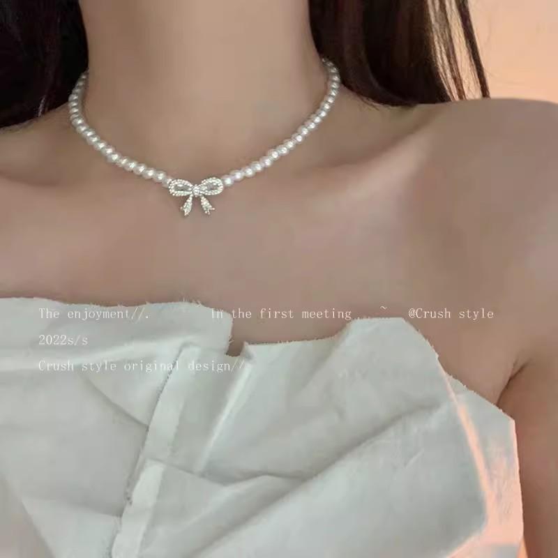 Pearl Bow Zircon Necklace Women's Summer Choker Temperament Accessories Niche Design Collarbone Chain Light Luxury Neck Chain