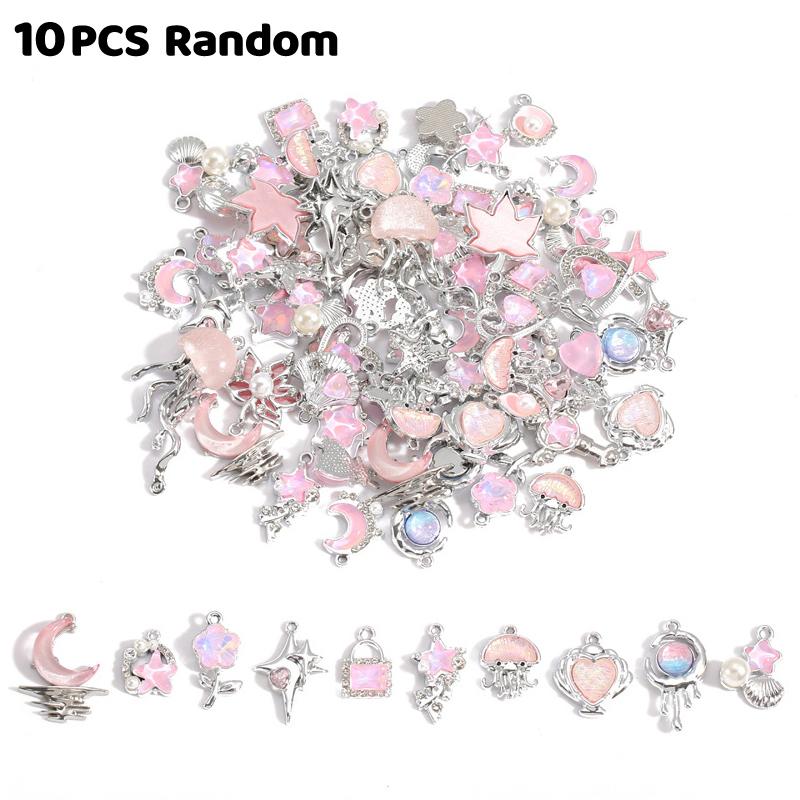 10Pcs Alloy Mixed Style, Inlaid Pink Resin Star And Moon Pendant, Diy Necklace, Bracelet Accessory