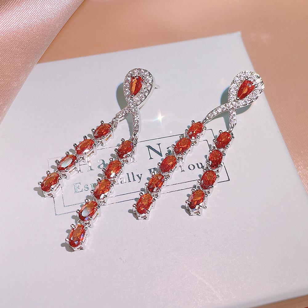 Silver Elegant Earrings Baroque Colored Diamonds Red Sapphire Square Earrings Fashion Light Luxury Crystal Exaggerated Gift
