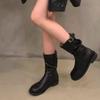 Fall New Block Heel Single Boots Women's Round Toe Sleeve Metal Belt Buckle Soft Sole Non-slip Mid-leg Boots