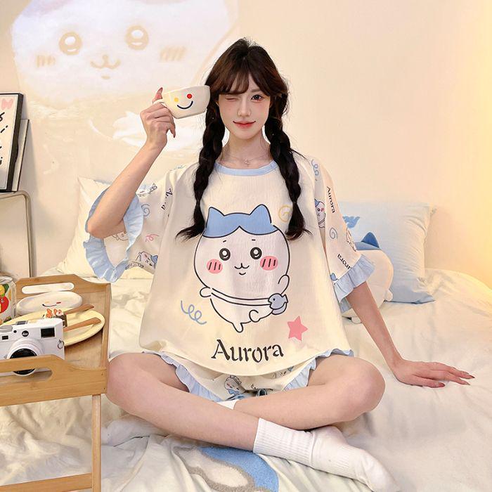 Women s Cartoon Cloud Cotton Summer Pajama Set - Round Neck, Short Sleeves & Pants, Lightweight, Wearable Outside M - Medium