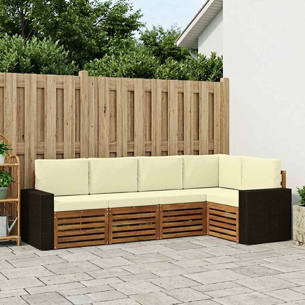 Outdoor Corner Sofa Set with Cushions 5 Pcs Natural and Cream Solid Acacia Wood