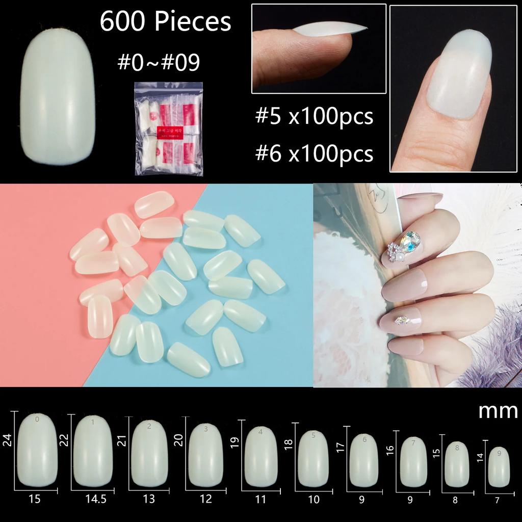 500PCS Natural Transparent Ballerina Almond  Round End Full/Half Ballet Coffin French False Nail Tips Fake Toenail Tip Manicure