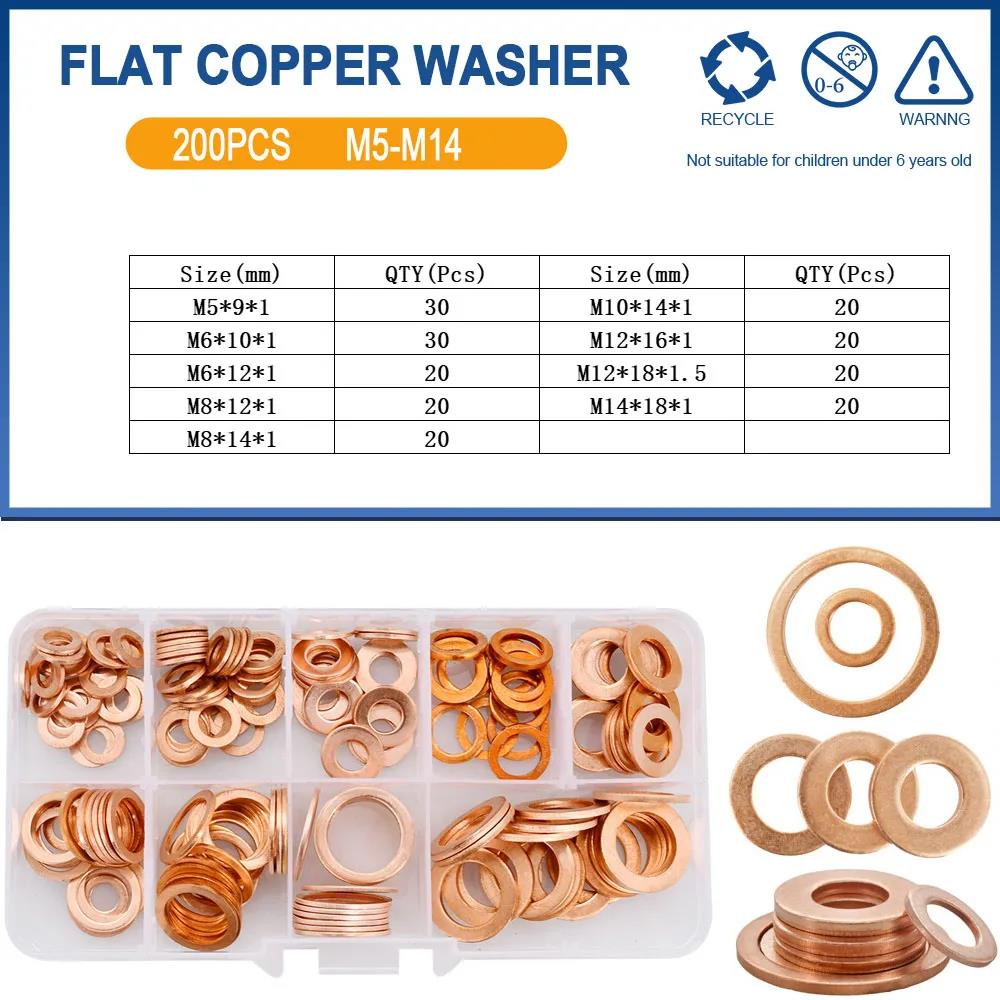 Solid Pure Copper Flat Washers Gasket Seal Ring M5 M6 M8 M10 M12 M14 M16 Metric Crush Washers For Sump Plug Oil Pipe Boat Repair Oil Drain Plugs 3