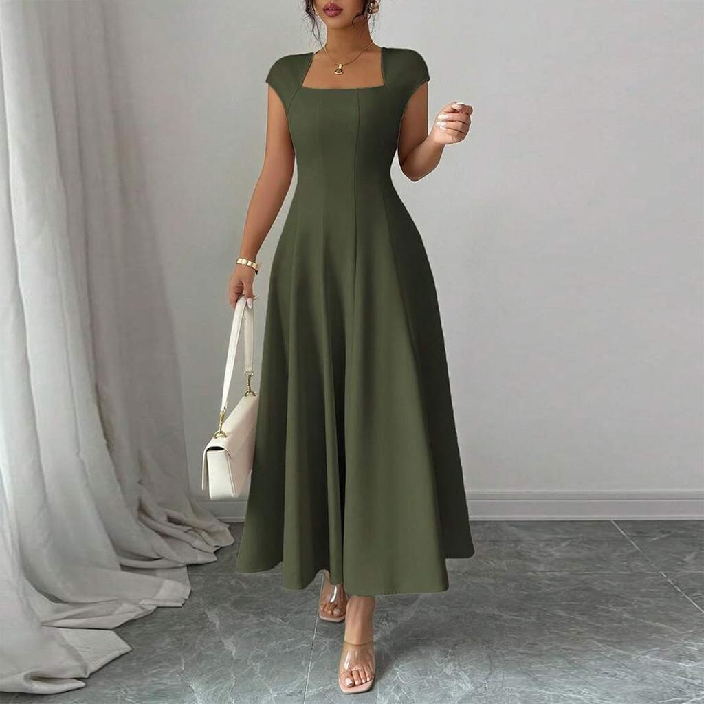 Women's Solid Color Square Neck Slim Fit A-Line Dress Cap Sleeve Midi Length Casual Dress for Daily Wear