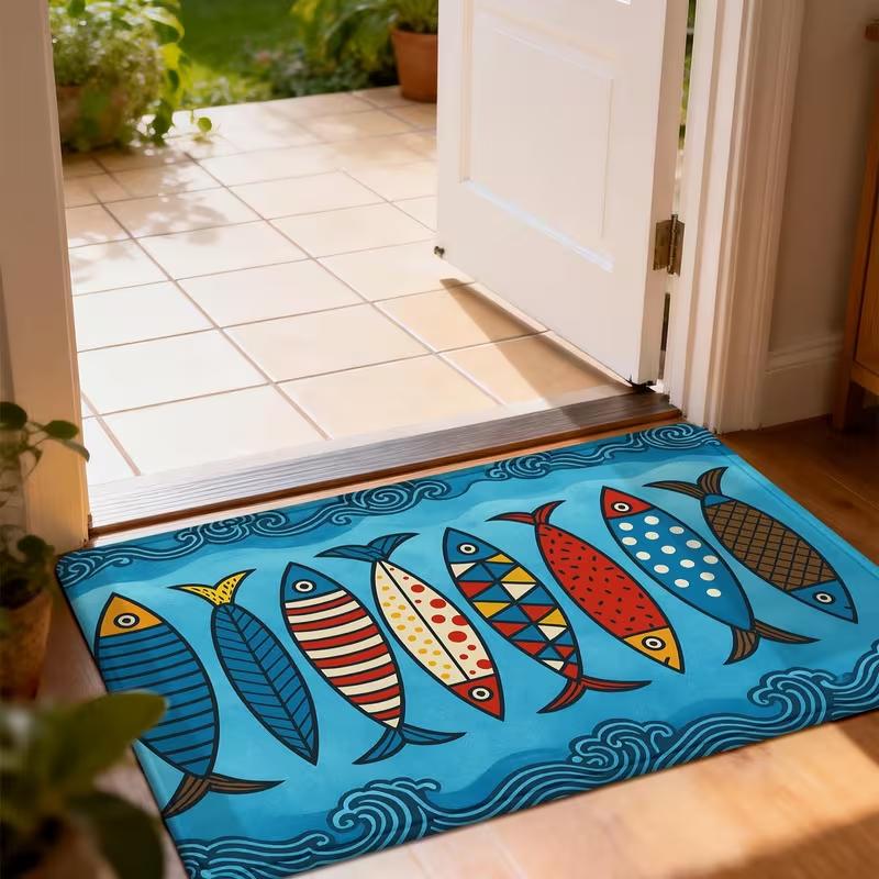 Wave Cartoon Colorful Fish Door Mat Non Slip Indoor Entrance Rug Nautical Sea Wave Geometric Fish Print Doormat