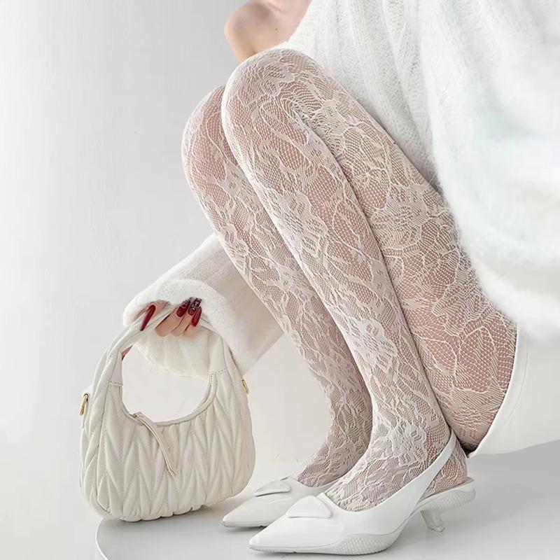 Weiße Socken Damen Sexy Netzstrümpfe Femme Sommer Dünn Blumennetz Strumpfhose Elastisch Schlankmachend Hohe Taille Ausgeschnitten Strumpfhose One Size