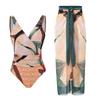 Tummy Slimming V-Neck One-Piece Swimsuit with Beach Skirt - Women's Two-Piece Swimwear