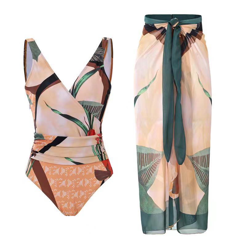 Tummy Slimming V-Neck One-Piece Swimsuit with Beach Skirt - Women s Two-Piece Swimwear XL