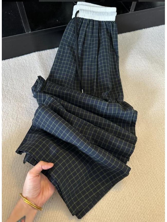 Unisex Summer Plaid Wide-Leg Pants: Elastic Waist, Drawstring, Straight-Leg, Casual Fit for All Ages