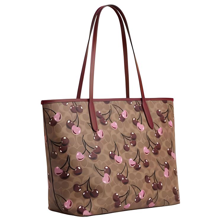 Coach City 33 Logo Cherry Print Faux Leather Tote Bag Women tote Brown Yellow CY691-IMTAM