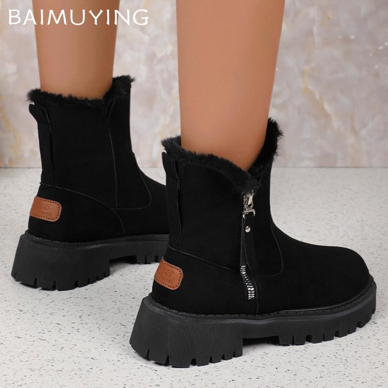 Suede Chunky Women Snow Ankle Boots Short Plush Mid Heels Cotton Shoes 2025 Trend Winter Warm Casual Cozy Designer Botas Mujer
