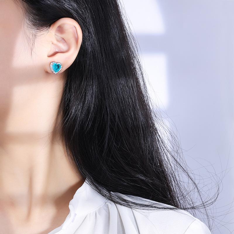Jewelry Copper Bottom Gold-Plated Simulation Color Treasure Heart-Shaped Diamond-Encrusted Simple Women'S Stud Earrings Main Stone 9 * 9
