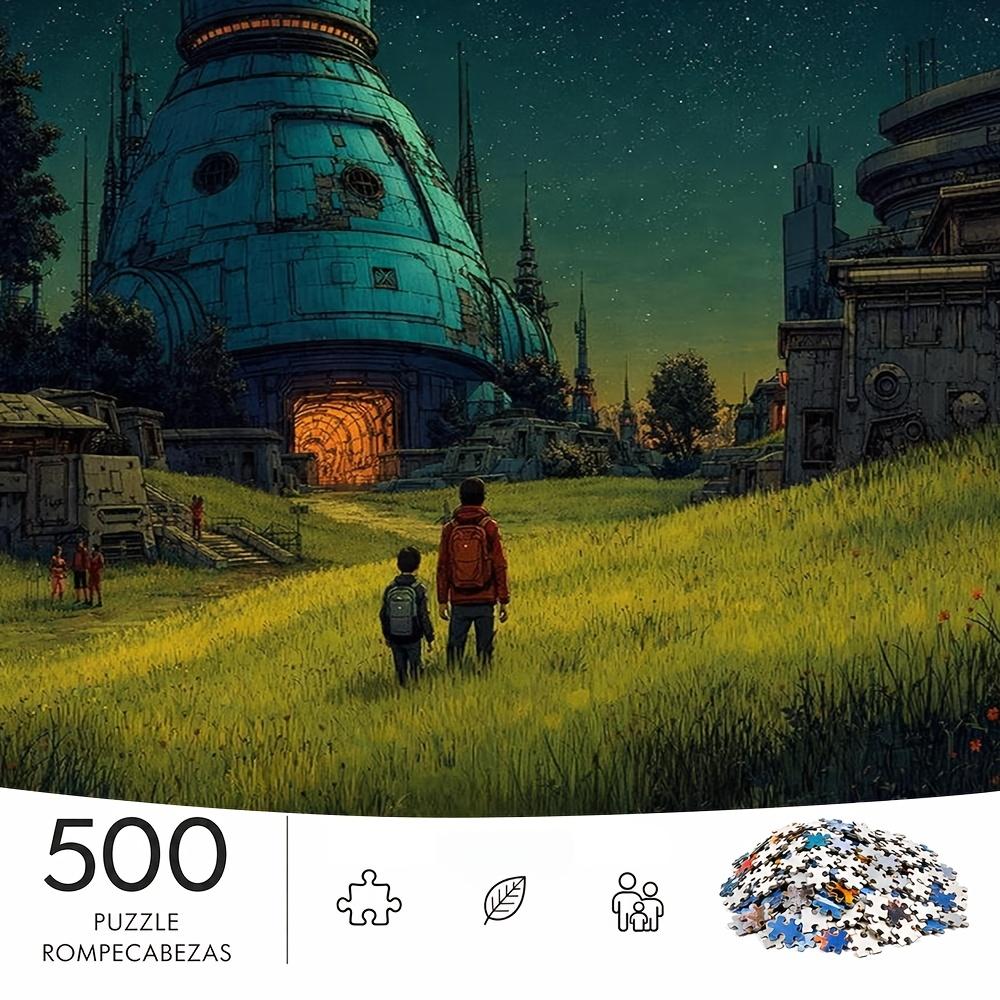 500pcs Advanced Jigsaw Puzzle Suitable for - Complex Building Night Scene with Rusty Sci-Fi Architecture, Portable Rectangular Brain for Decor, Weddin