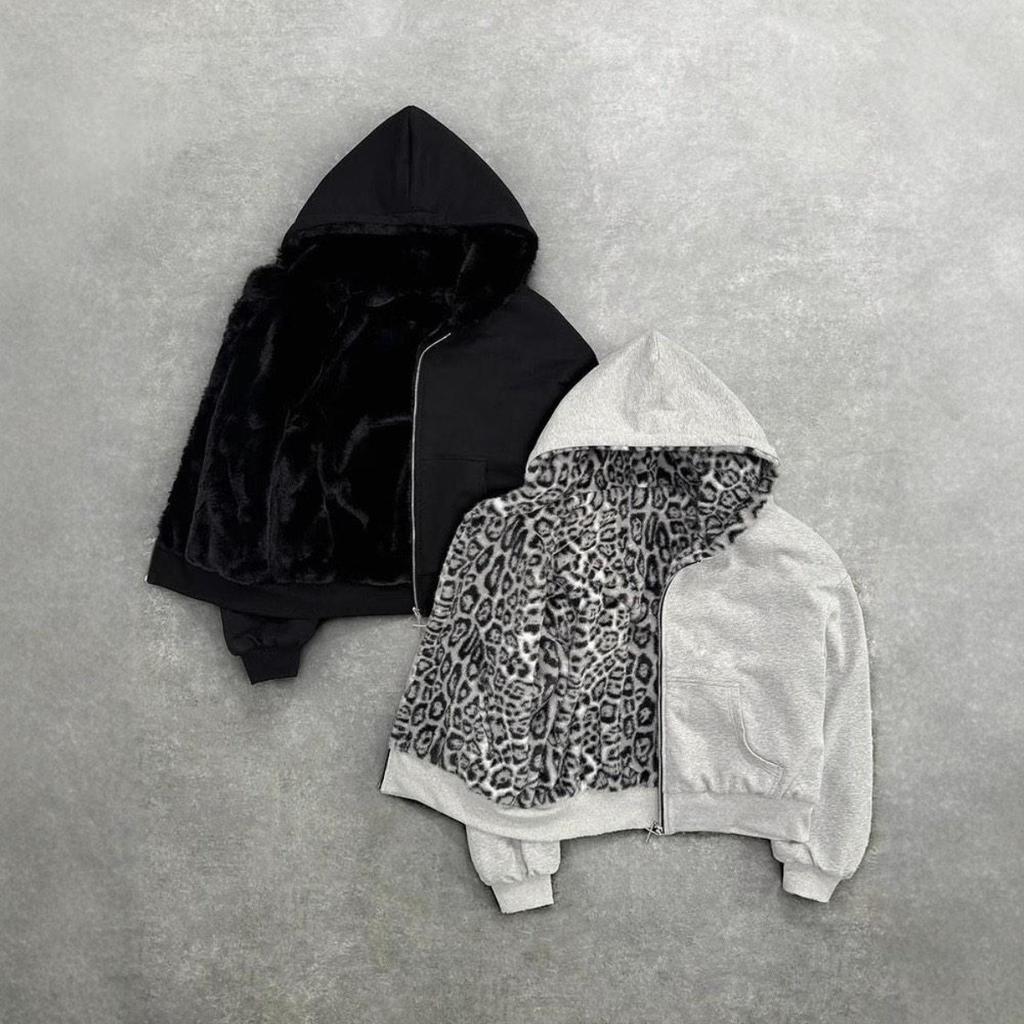 Nouveau Vêtement Double Face Harajuku Rétro Imprimé Léopard Tendance Ample Sweat à Capuche Zippé Homme Street Hip-hop Décontracté