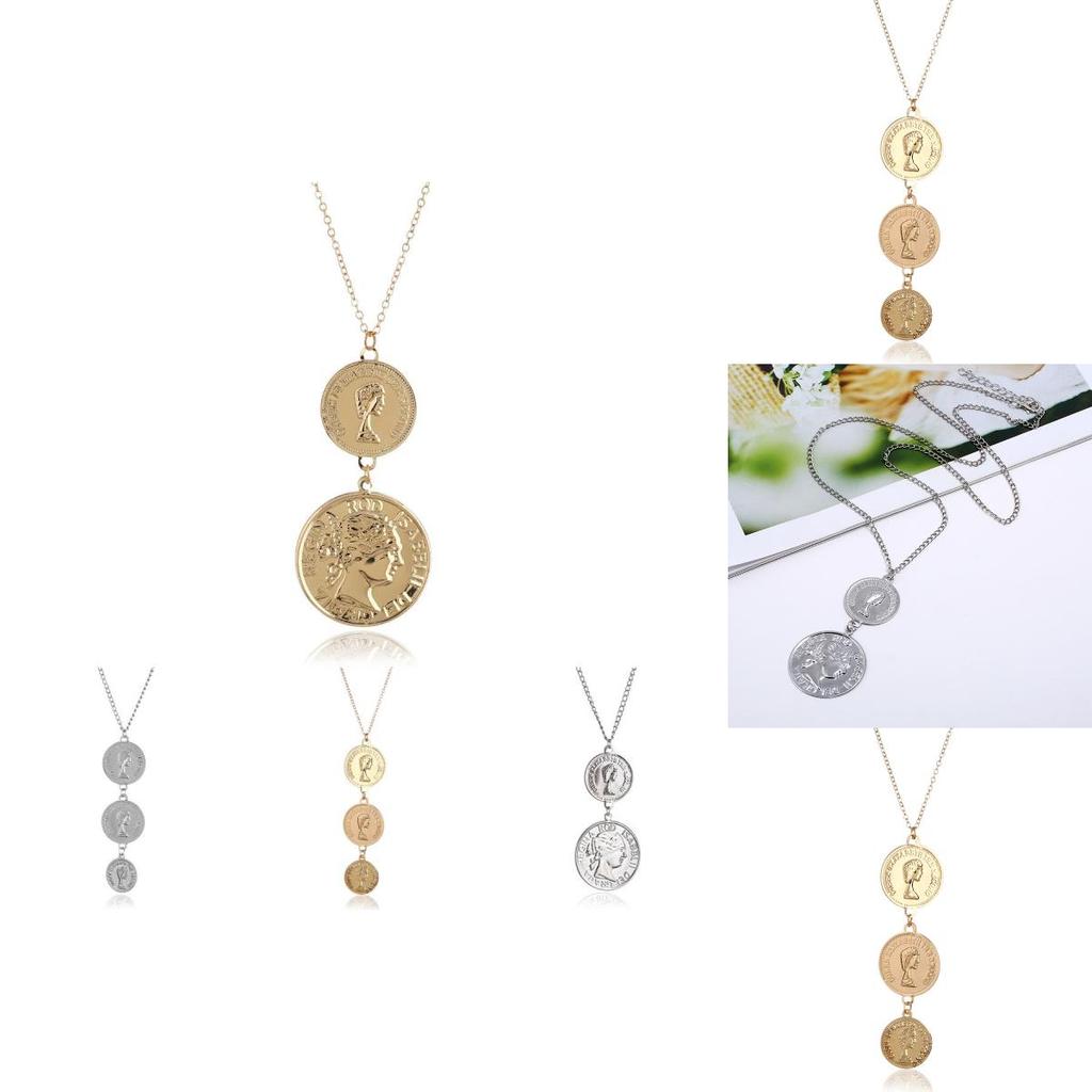 Euro Style Coin Pendant Necklace With Multilayer Water Wave Chain For Women Men