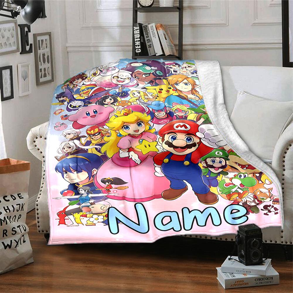 Custom Name Super Mario Bros Adventure flannel Blanket for Super Soft Cute Comfort Blanket for Travel Bedding Couch Sofa Blanket