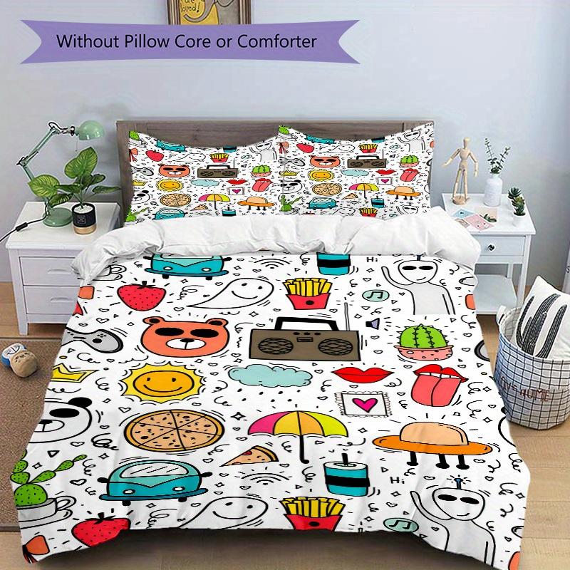 3pcs Doodle Pattern Bedding Set, Breathable and Soft, Suitable for All Seasons, Ideal for Home Use, Suitable for Bedroom Decor 21165