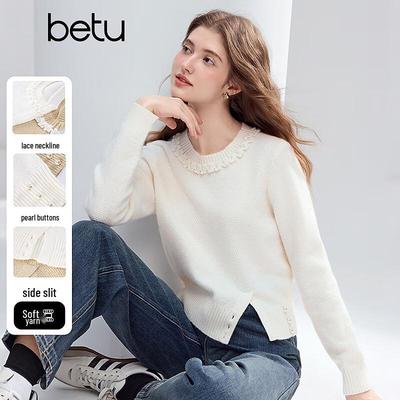 Betu Damen Spitzenkragen Schlitz Strickoberteil