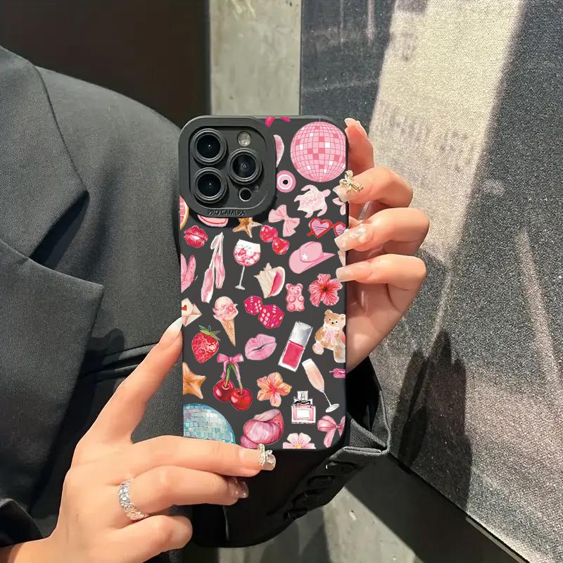 Sparkly Crystal Ball Pink Bow Cherry Pattern Case For  Poco F6 F5 X5 M6 X7 Pro Mi 15 14T 13T Pro 14 13 12 11 Lite NE Cover