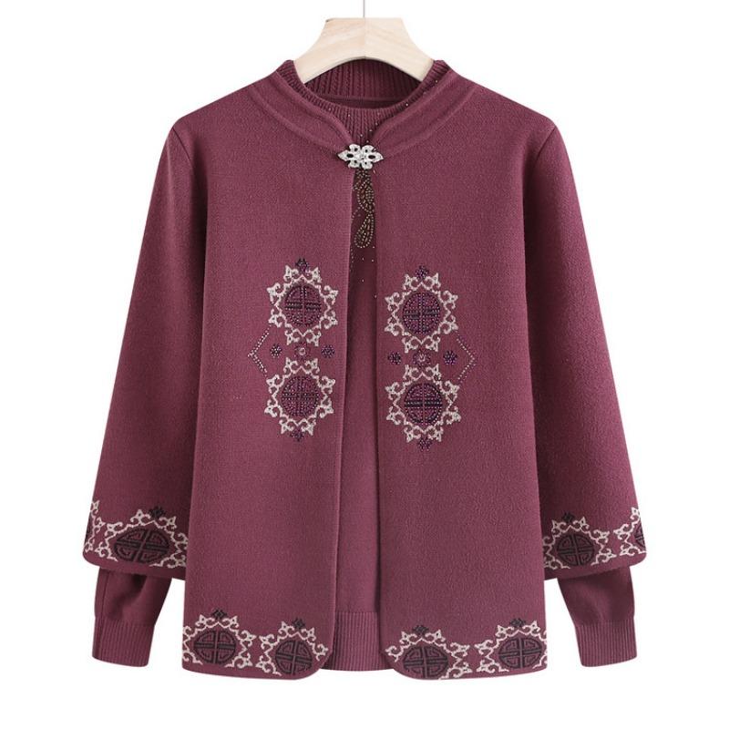 Mom Autumn Knitted Two-piece Cardigan Top Medium Old Women's Sweater Bottoming Shirt Autumn and Winter Fashion Long-sleeved Jacket