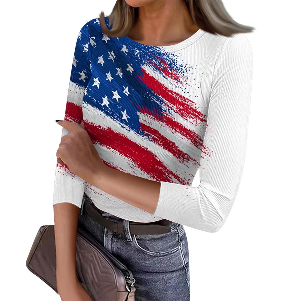 Women's Casual Fashion Round Neck Independence Day Print Three-Quarter Sleeve Ribbed Top