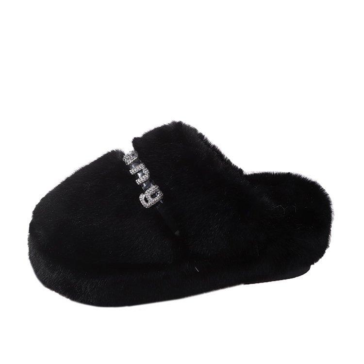2025 Autumn and Winter New Thick-bottomed Fluffy Slippers Women's Outer Wear Bag Head Rhinestone Letters Fashionable Height-increasing Cotton Slippers