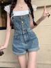 Women's Summer 2025 Slimming Retro Ruffled High Waist Denim Overall Shorts