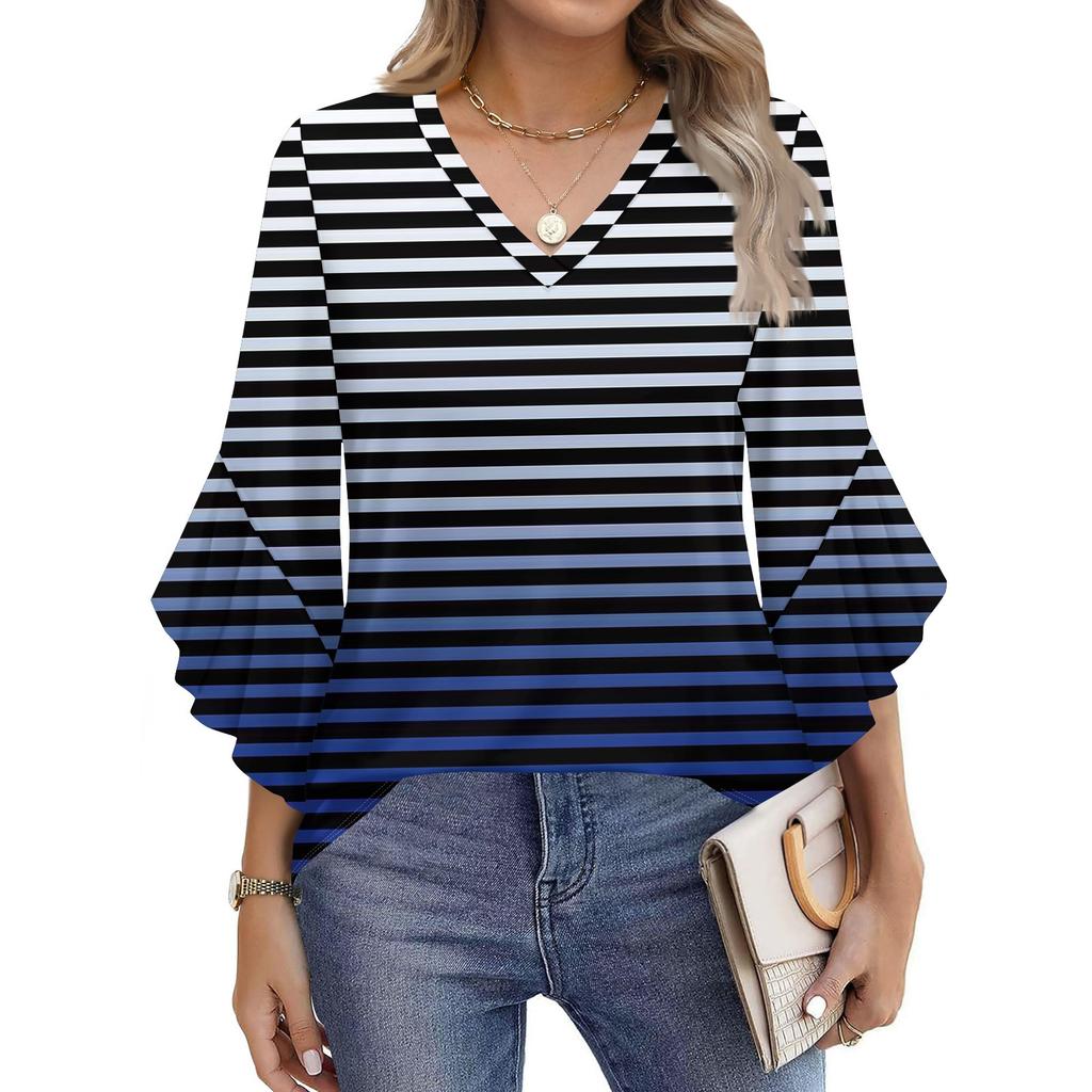 Women's Fashion Casual Seven-minute Sleeve Stripe Print Top V-neck T-shirt Flared Sleeve Shirt