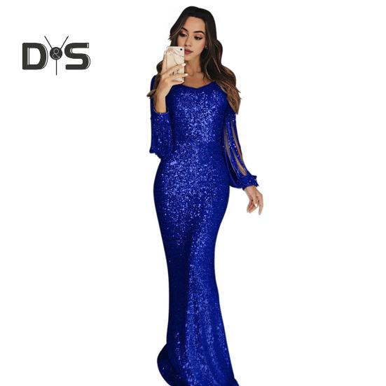 Women Prom Dress Tassel Sleeves Sheath Slim Fit V Neck Solid Color Sequin Fishtail Hem Evening Dress Cocktail Party Maxi Dress