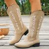 Cowboy Boots for Women Cowgirl Western Boots Embroidery Stitched Chunky Heel Mid Calf Boots Women's Pull-on Vintage Faux Leather Wide Calf Boots