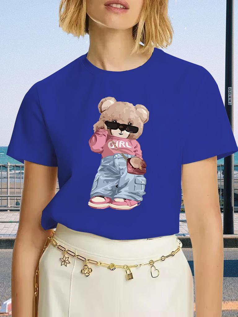 Cute Bear Print T-shirt Short Sleeve Crew Neck Casual Top For Summer & Spring Women's Clothing T Shirt Female Tops Streetwear