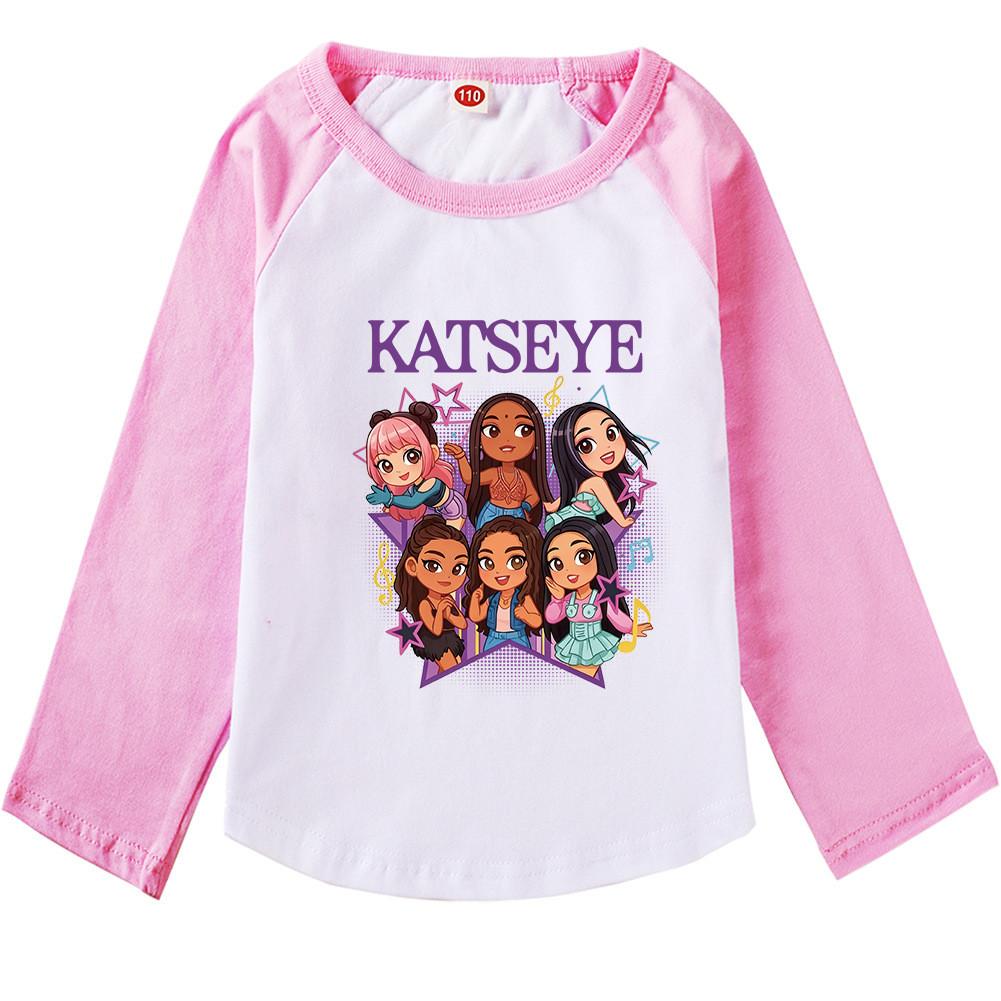 9197 Multi-color Kids Girls Katseye Print Raglan Long Sleeves T-Shirt