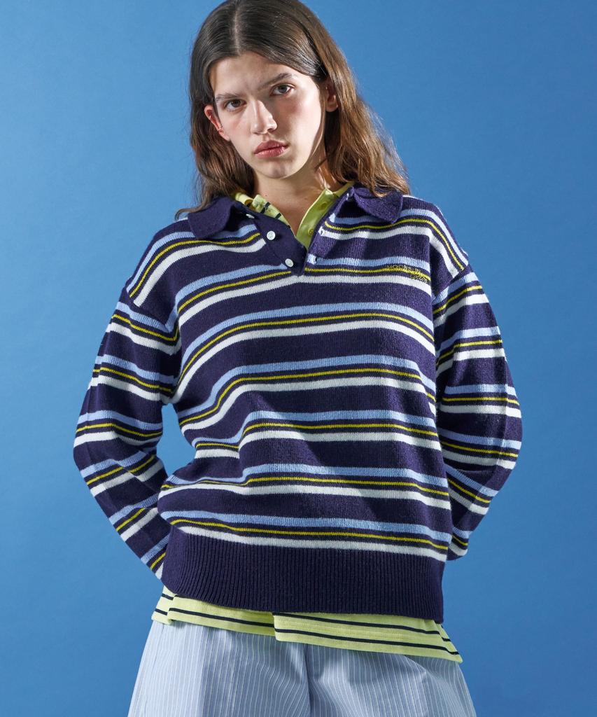 MOONSUN M.C Unisex, Stripe Wool Collar Knit / Navy