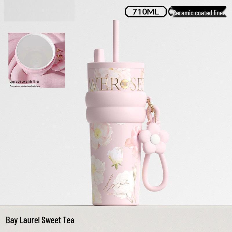 Floral Thermos Mug with Ceramic Liner - Large Capacity, Portable Cooler Cup with Straw for Car