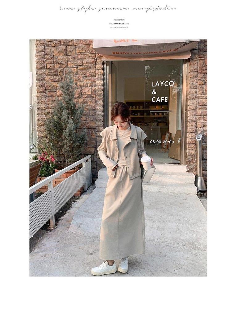 Korean Casual Workwear Vest & Skirt Set - Women's Spring/Autumn 2025 Three-Piece Outfit with Round Neck Long Sleeve Top.