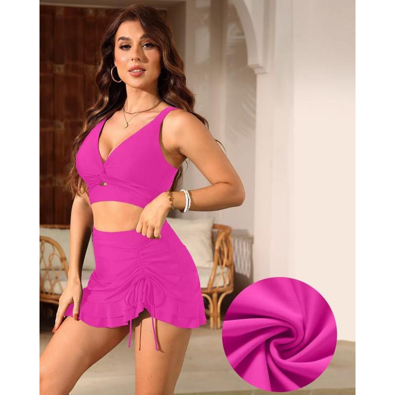 Womens Adjustable Tie-Front Bikini Set With Ruffled Skirt Bottom High Elasticity Swimwear Pool Beach Vacation
