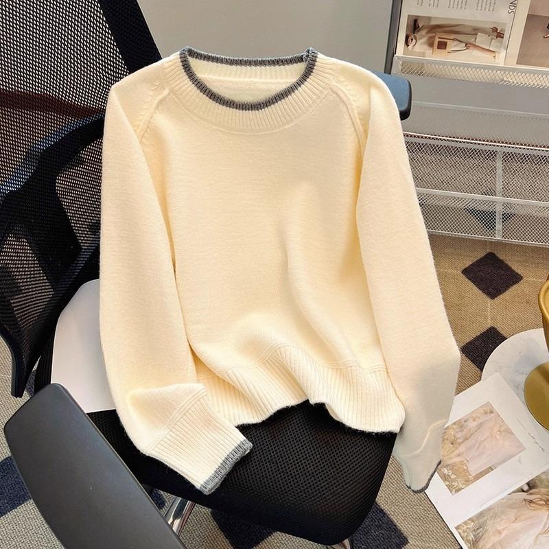 

Новый свободный трикотажный свитер с открытыми плечами для осени и зимы, в сочетании с коротким базовым слоем и свитером с круглым вырезом для женщин one size абрикосовый