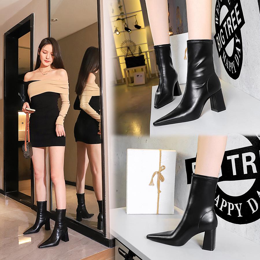 "European & American Style Sexy High Heel Pointed Winter Boots - Women's Slim Short Boots with Thick Heel"
