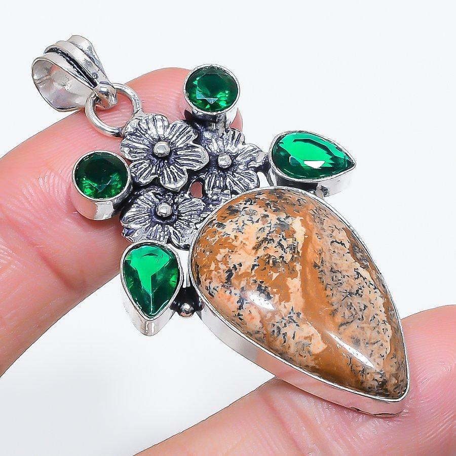 Natural Picture Jasper, Diopside 925 Sterling Silver Jewelry Pendant 2.29" i3S20