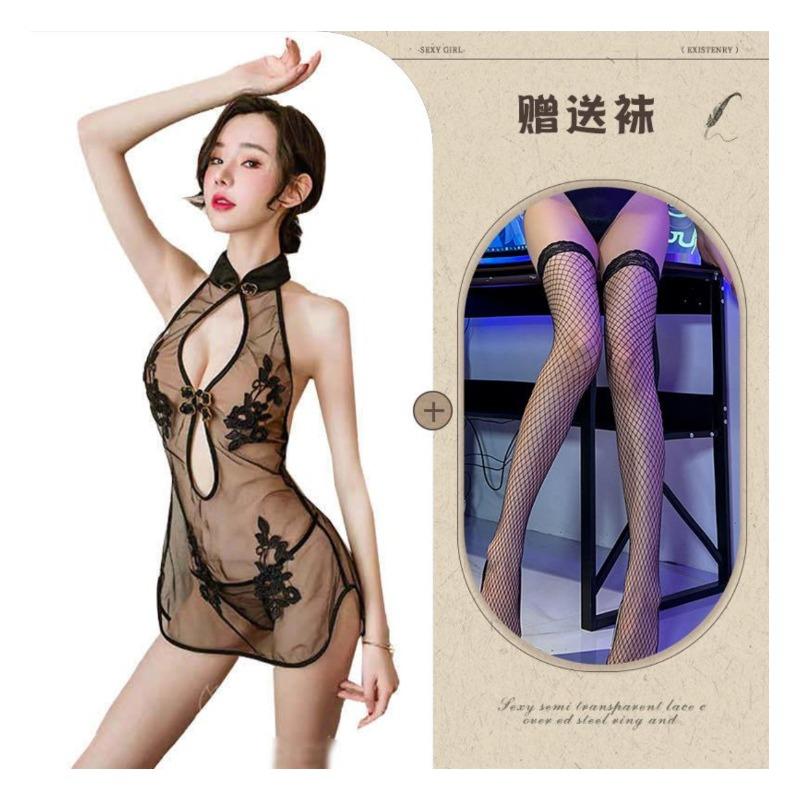 New European and American erotic underwear, sexy lace slit uniform mesh classical embroidered cheongsam set, one piece is sent on behalf of others.