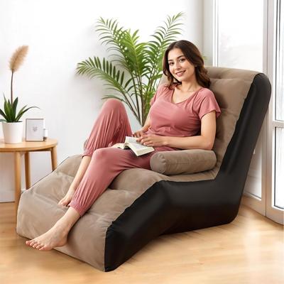 Sofa Chair and Footstool, Outdoor Folding Lounger Flocking Lazy Couch, 2-in-1 Lounge Bed Set Portable Recliner with Air Pump (Brown-1)
