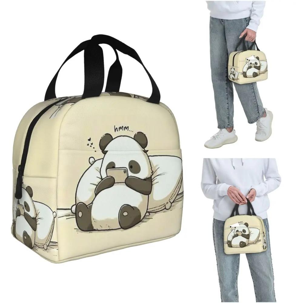 Cartoon Panda Playing With Mobile Phone Insulated Lunch Bag for Women Kids Portable Food Boxes Thermal Lunch Box Tote