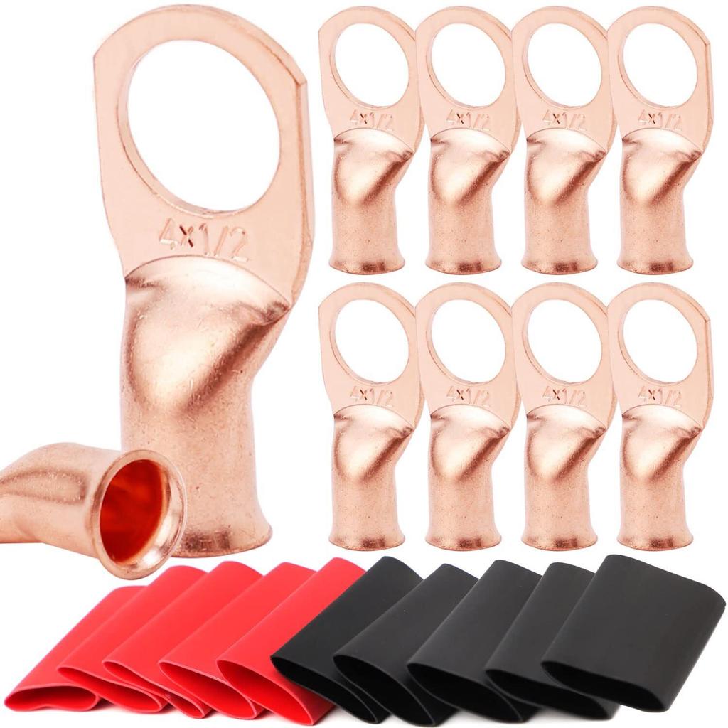 20pcs Copper Terminal Connectors, AWG 1/0 2/0 2 4 6 8 Ring Lug Kit With Shrink Tubing & Battery Cable Lugs