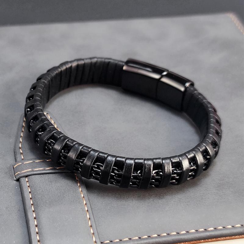 2025NEW Charm Bracelet Retro Black Leather Woven 8mm Stainless Steel Chain Never Fade Men's and Women's Jewelry Chain Gift Boho